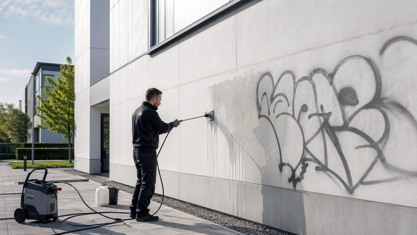Hauswand nach Graffitientfernung mit klarer, substratschonender Reinigung