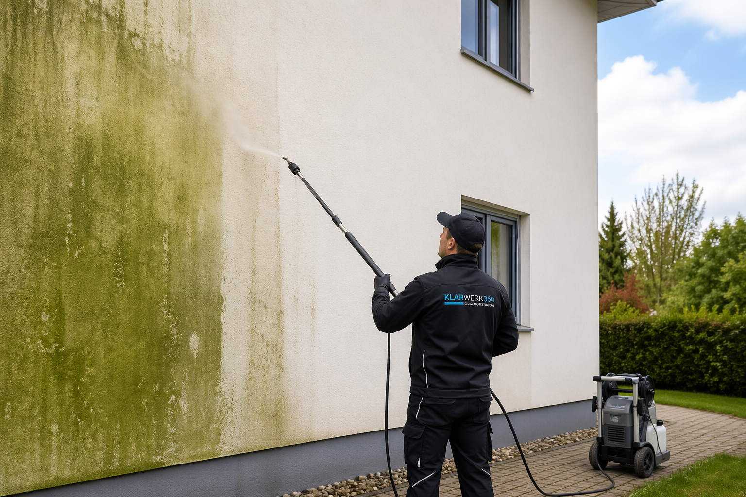 Fassade mit Algen- und Grünbelag-Befall sowie gereinigte Vergleichsfläche
