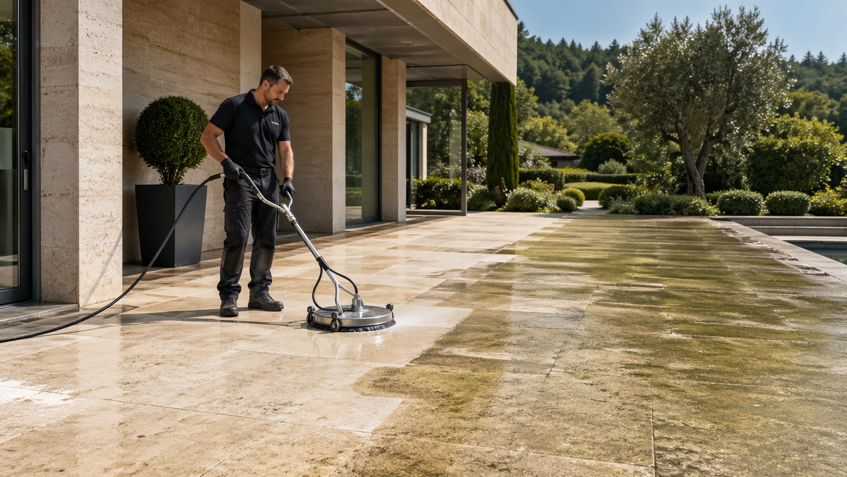 Natursteinfläche mit gereinigter, substrat­schonender Oberfläche