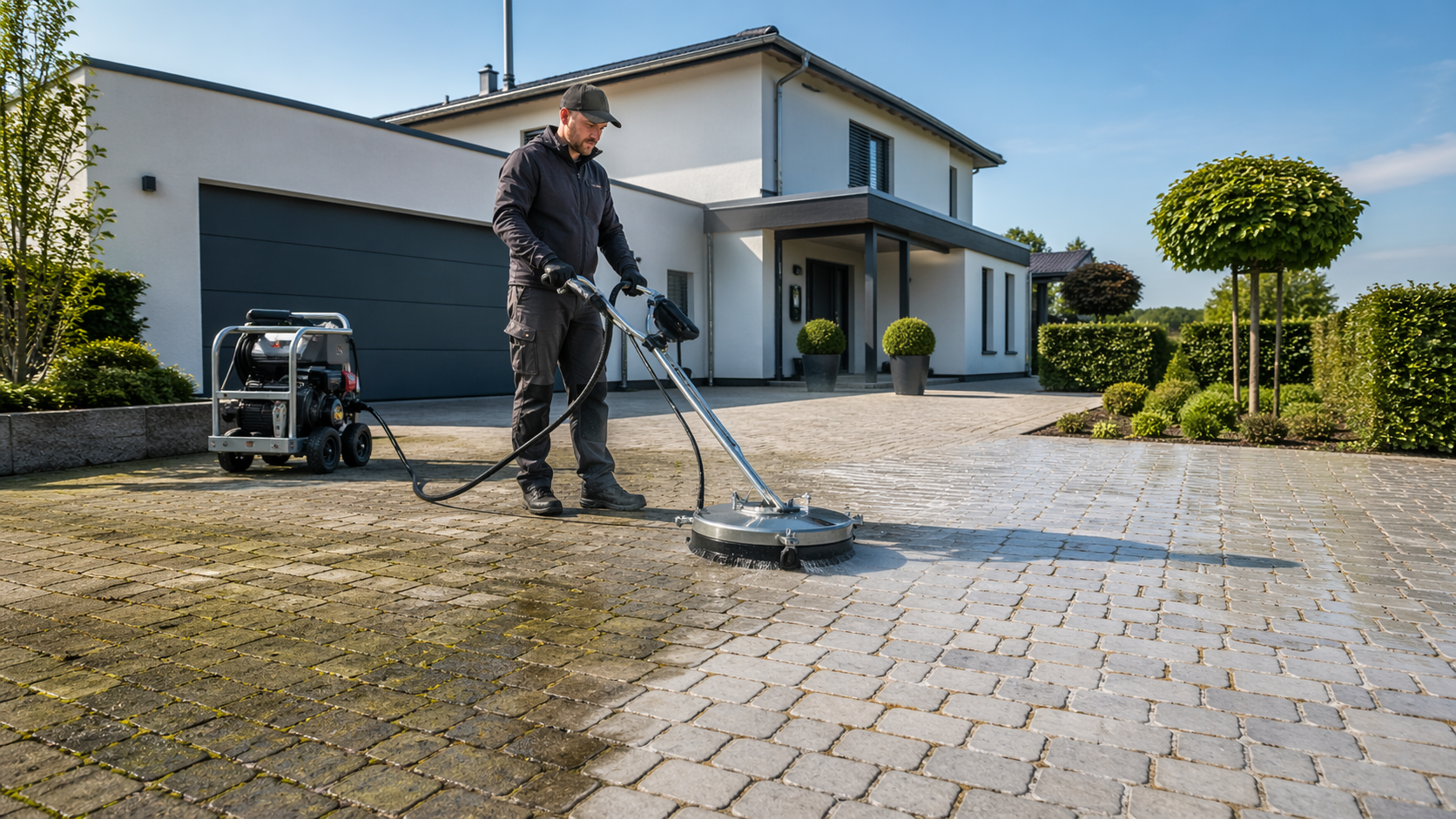 Gereinigte Pflastereinfahrt und Hofflächen mit klaren Fugenverläufen