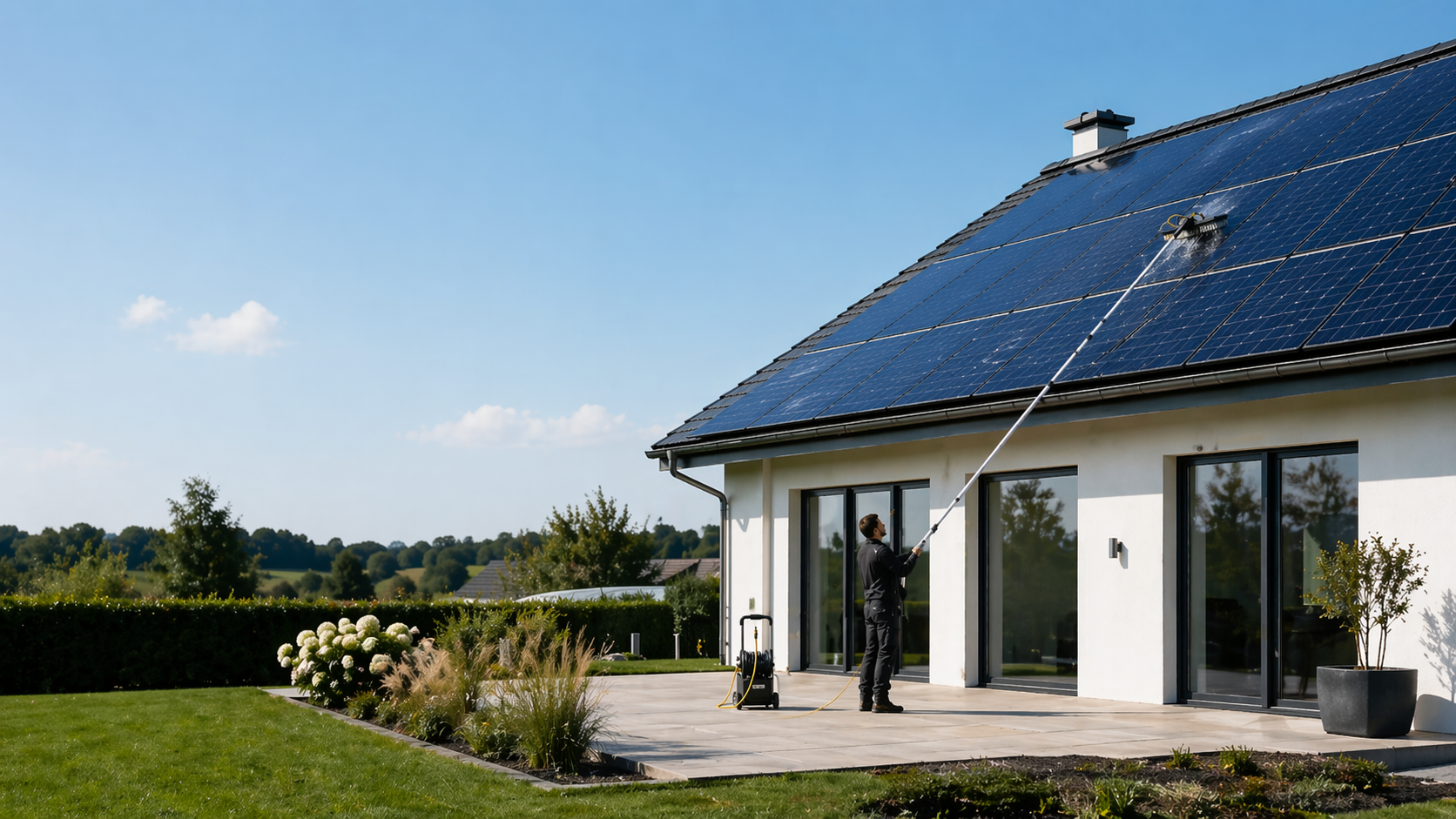 Einfamilienhaus mit Photovoltaik-Anlage auf Schrägdach unter klarem Himmel
