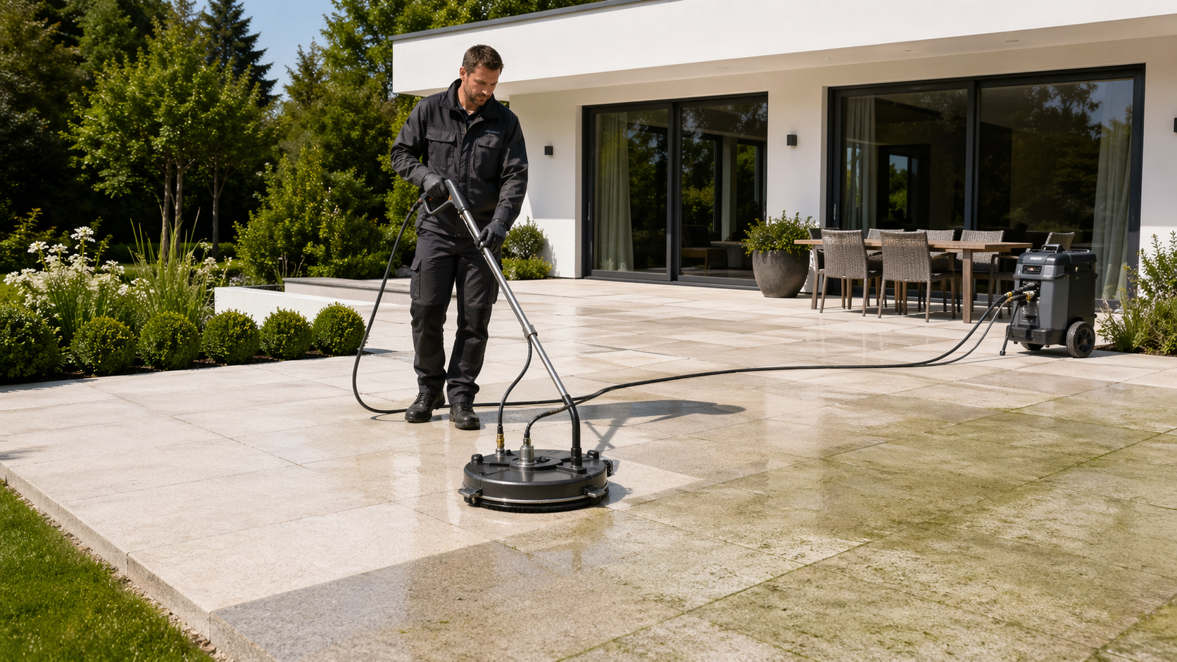 Gepflegte Terrasse aus Naturstein und Pflasterbelag nach professioneller Reinigung