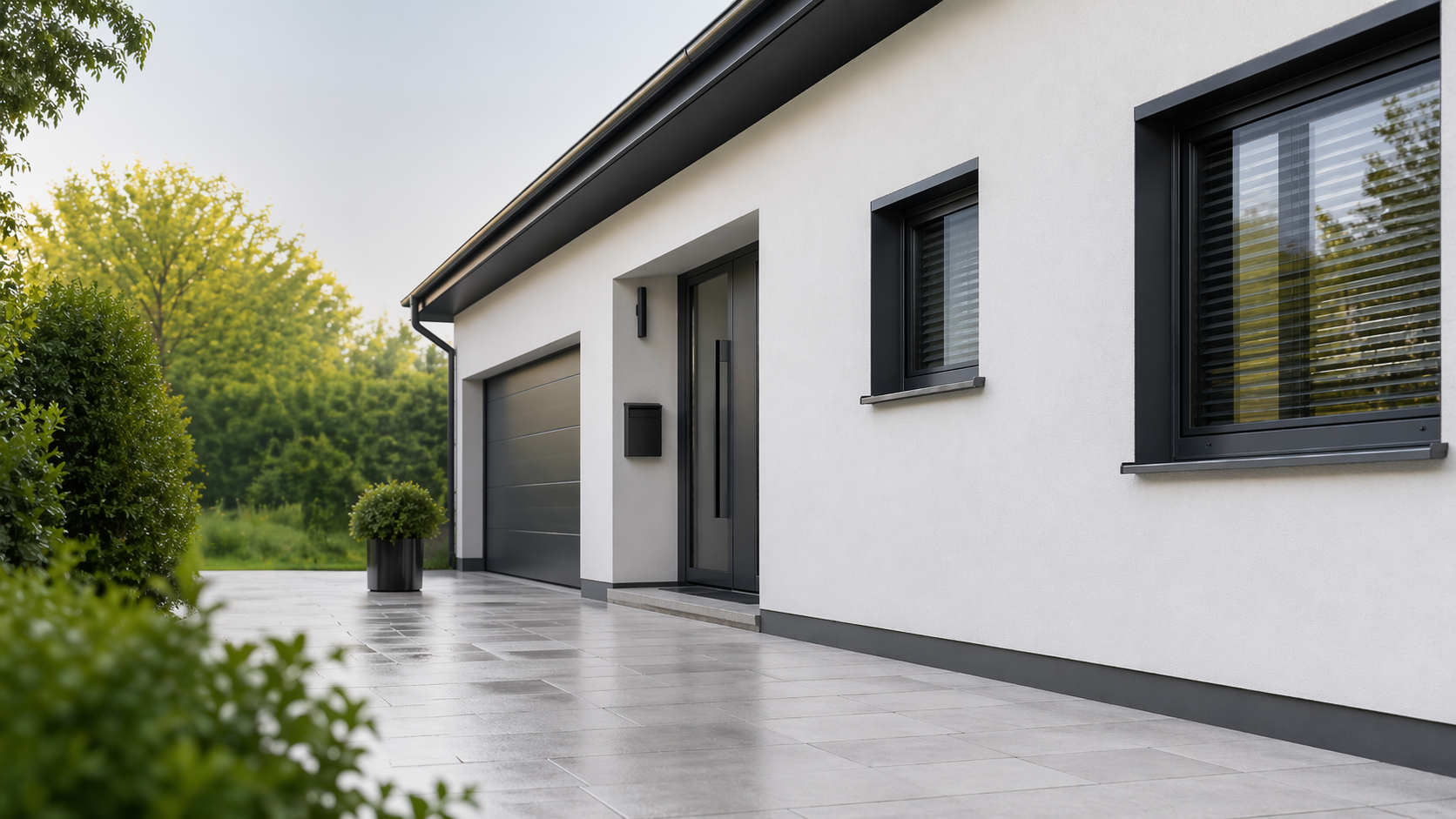 Moderne Einfamilienhaus-Fassade — gepflegte Putzfassade nach professioneller Reinigung