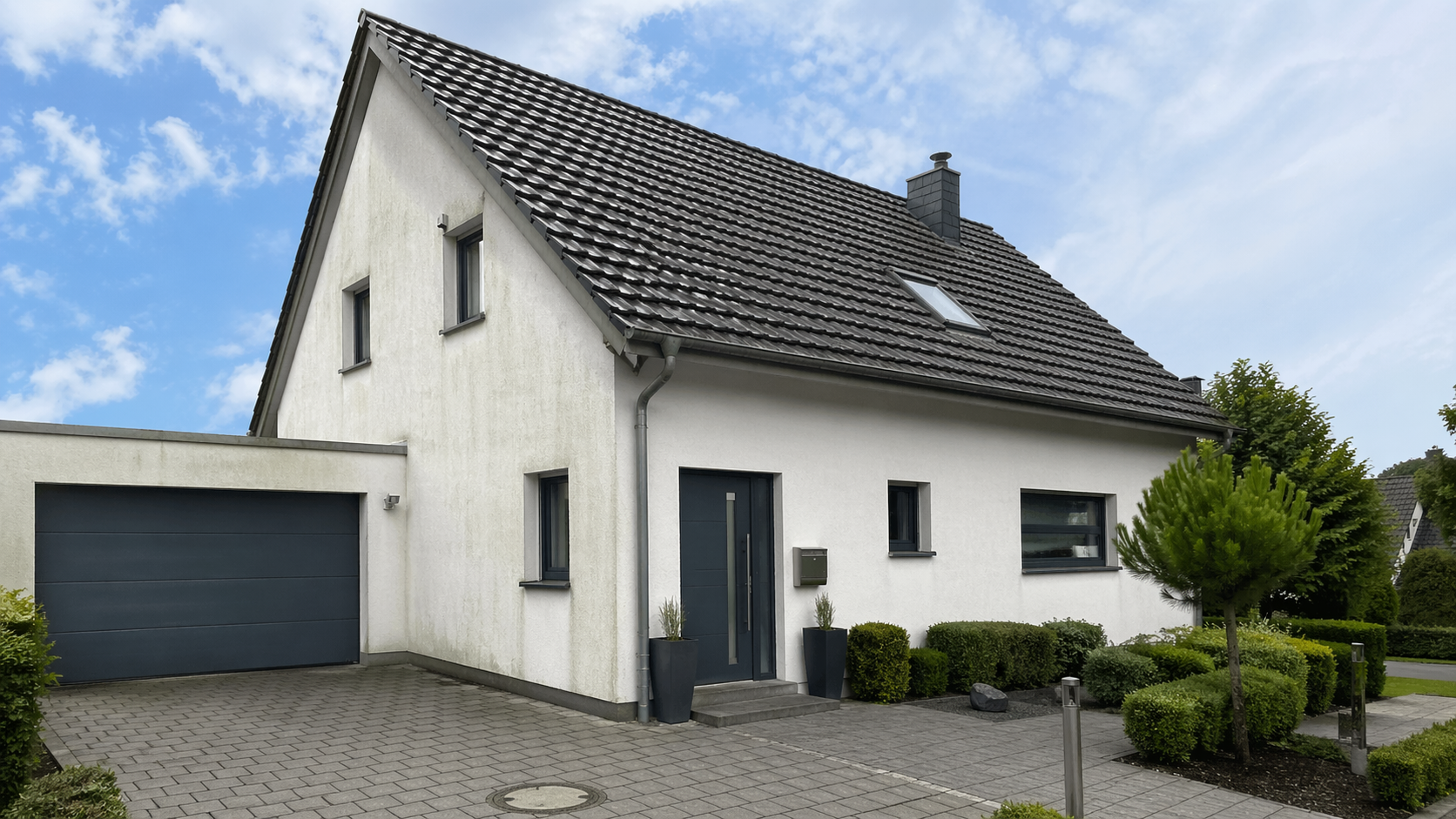 Einfamilienhaus — Putzfassade mit Alters-Grauschleier — vorher