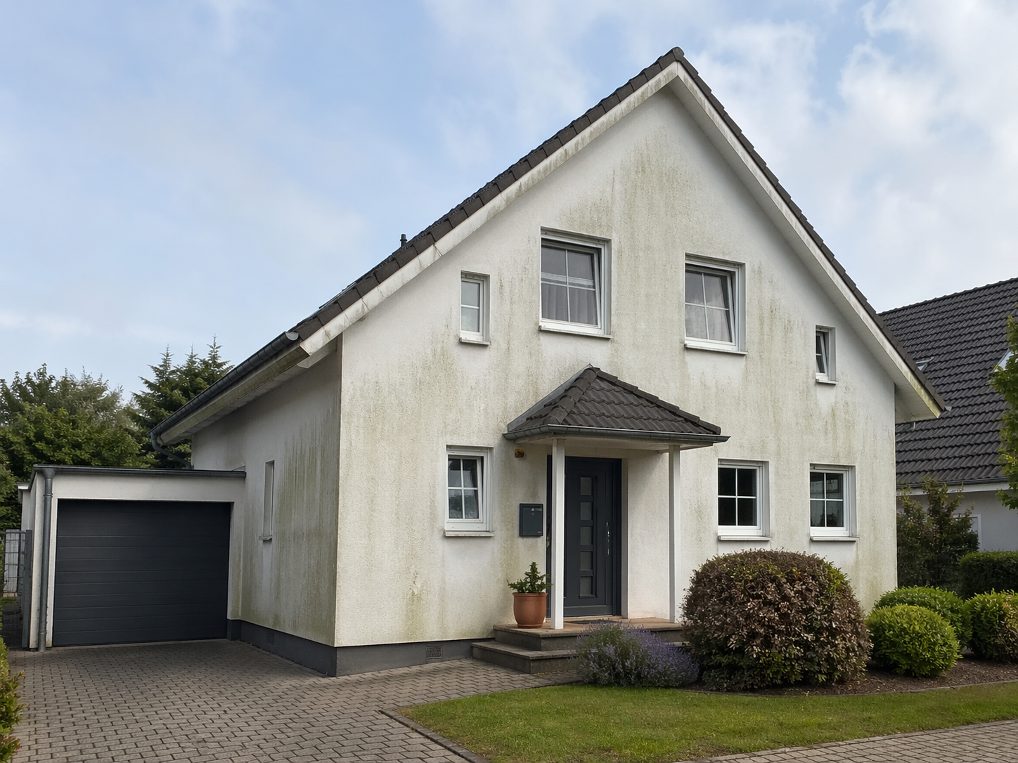 Einfamilienhaus — Putzfassade mit grünlichem Algenbelag — vorher
